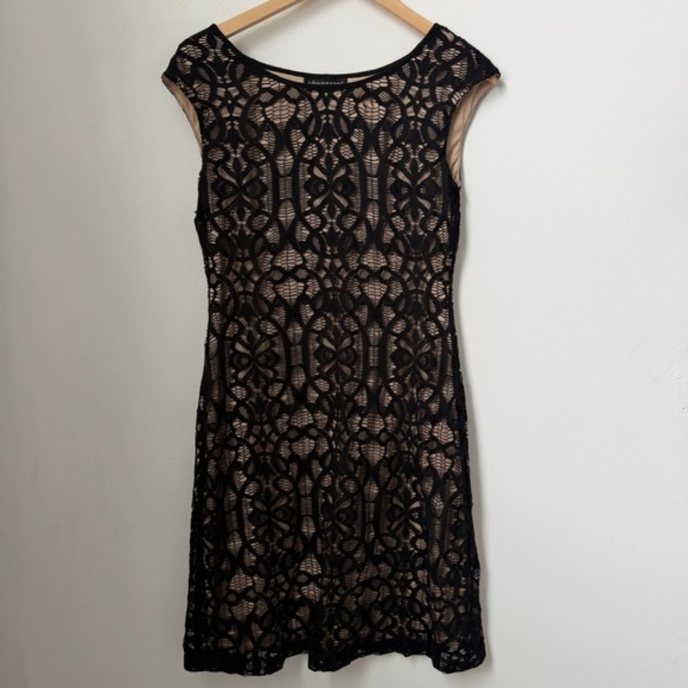 Black Lace Cocktail Dress‎ Nude Lining Sleeveless Sheath Size 6